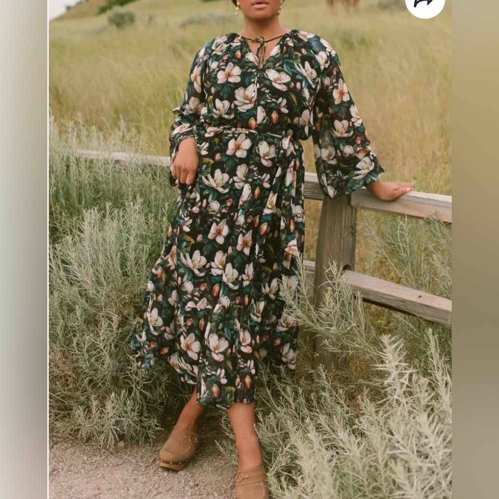 Ivy City Co Dark Green Floral Maxi Dress with Cream & Pink Blooms